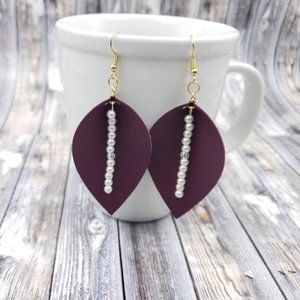 Maroon & Pearl Drop Leaf beaded Charm Faux Leather Earring ER1659 Handmade NWT